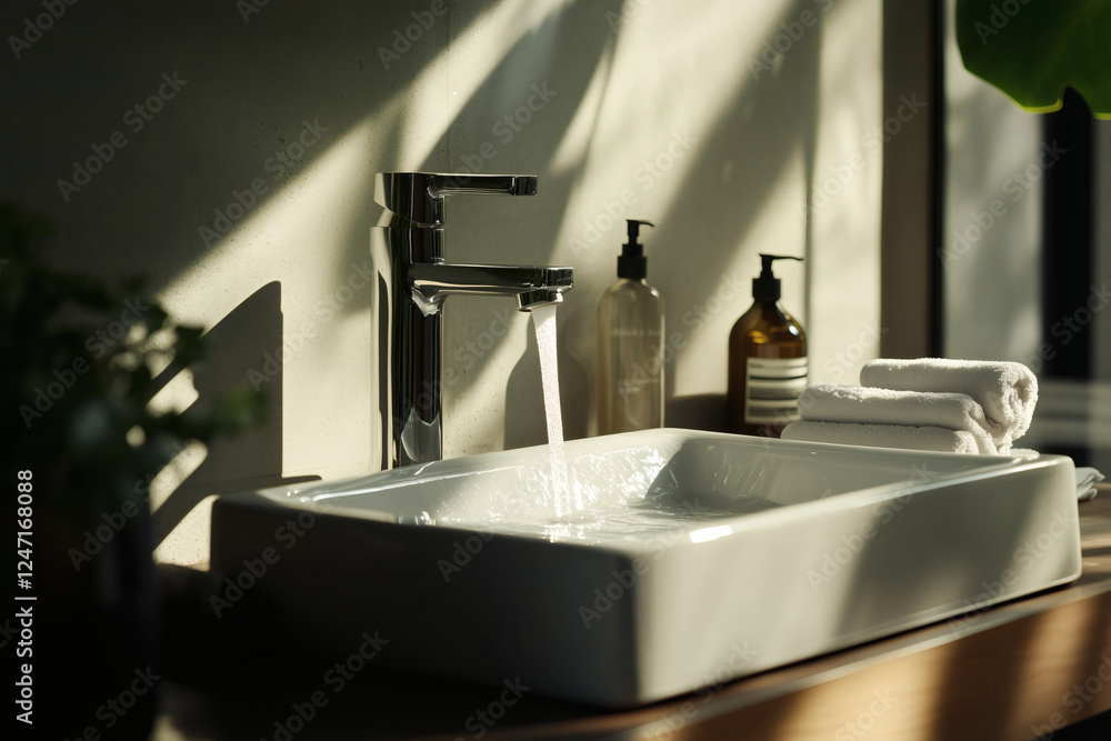Modern bathroom sink with running water. Modern bathroom sink with running water.