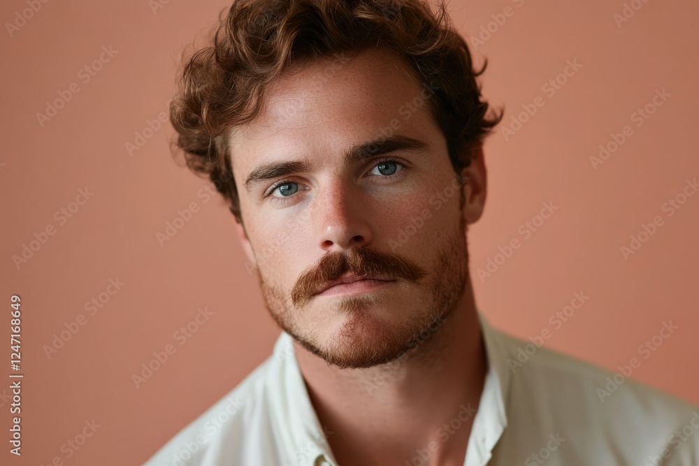 Fototapeta premium Stylish Young Man with Curly Hair and Mustache Posing Against a Warm Background