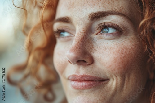 A close-up of a smiling woman with curly red hair and freckles, radiating warmth and happiness, capturing a moment of joy and contentment.