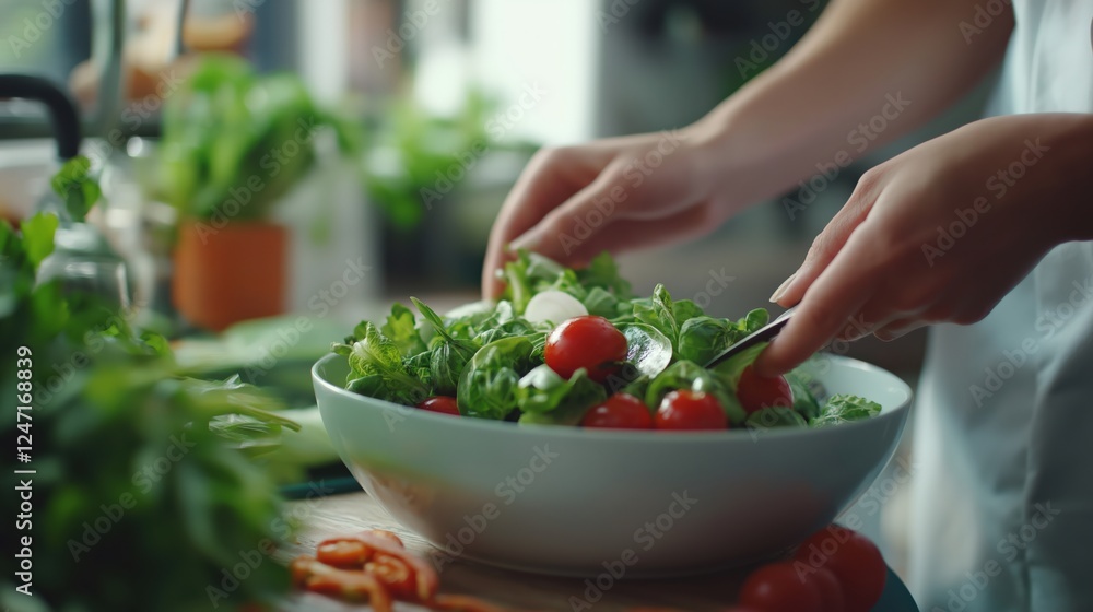 Close up of woman hands mixing salad in a white bowl on kitchen table top Close up of woman hands mixing salad in a white bowl on kitchen table top
