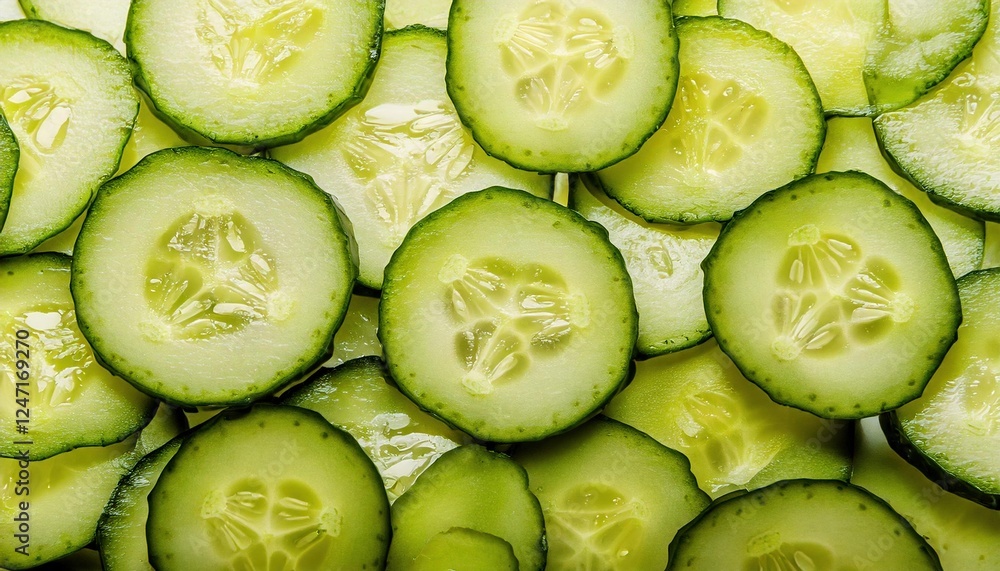 Freshly sliced cucumber arranged in a vibrant pattern on a surface Freshly sliced cucumber arranged in a vibrant pattern on a surface