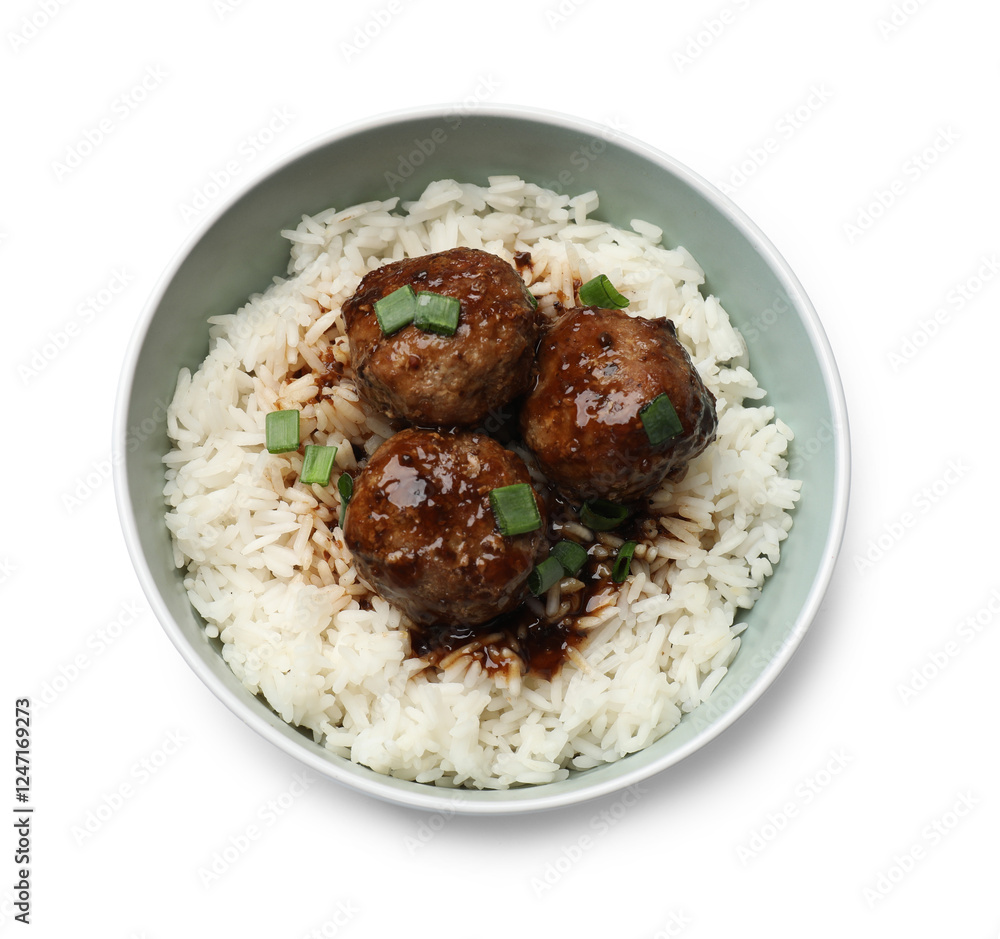 Delicious rice with meatballs, sauce and green onions in bowl isolated on white, top view Delicious rice with meatballs, sauce and green onions in bowl isolated on white, top view