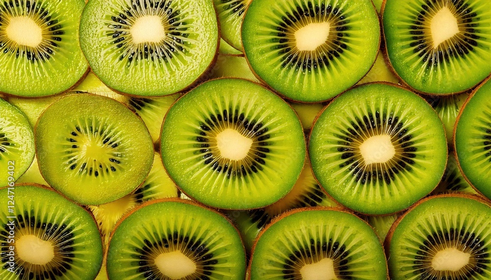 Freshly sliced kiwifruit arranged neatly showcasing vibrant green color and unique texture Freshly sliced kiwifruit arranged neatly showcasing vibrant green color and unique texture