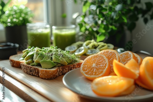 Healthy breakfast with avocado toast topped with sprouts, fresh orange slices, kiwi slices, and green smoothies in a bright modern kitchen. Concept of healthy food, balanced nutrition, vitality. photo