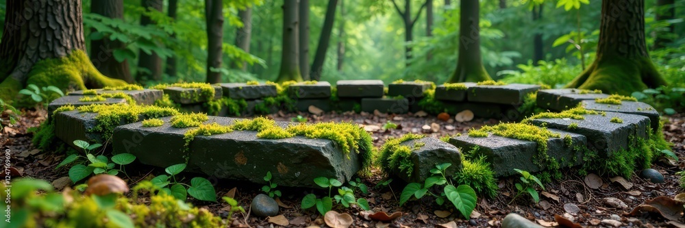 The stones of a forgotten stone circle are covered in lichen and moss in the heart of the forest, vines, stone The stones of a forgotten stone circle are covered in lichen and moss in the heart of the forest, vines, stone