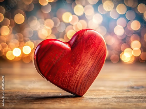 Red Wooden Heart Bokeh Background Rule of Thirds AI Photo