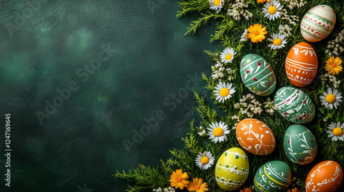 Easter postcard, greeting card, holiday card on a textured background with fresh grass, greenery, vibrant painted eggs, and flowers, creating a festive spring atmosphere