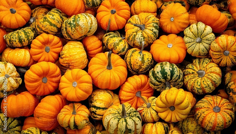 Colorful variety of pumpkins displayed at a local market during autumn season Colorful variety of pumpkins displayed at a local market during autumn season
