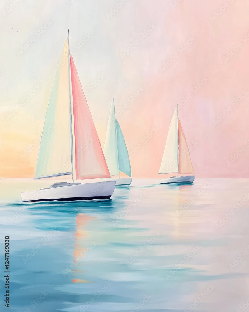 Fototapeta premium Sailing Vessels Glide Across Calm Waters During a Serene Sunset With Pastel Skies and Gentle Waves