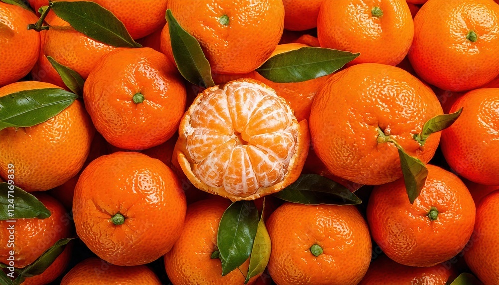 Freshly harvested citrus fruit showcasing a vibrant display of tangerines with leaves Freshly harvested citrus fruit showcasing a vibrant display of tangerines with leaves