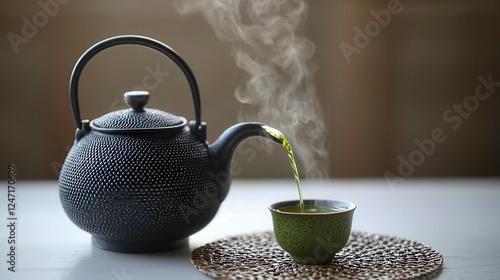 Steaming_green_tea_pouring_from_a_black_cast_iron_teapot_into_a_speckled_green_cup.
