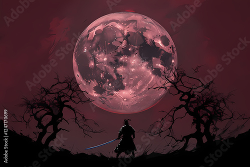 Luna rossa color sangue incandescente che illumina la silhouette di un samurai con katana sguainata, Glowing blood-colored red moon illuminating the silhouette of a samurai with unsheathed katana photo