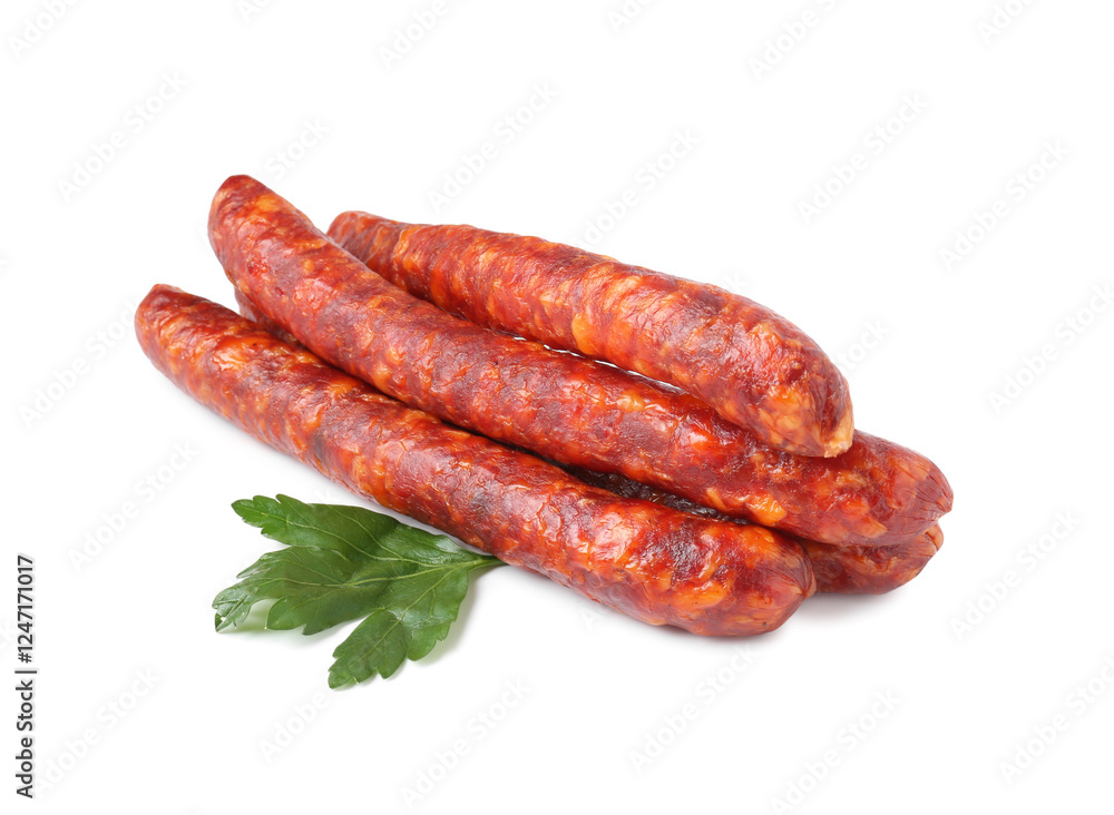 Many thin dry cured sausages with parsley isolated on white Many thin dry cured sausages with parsley isolated on white