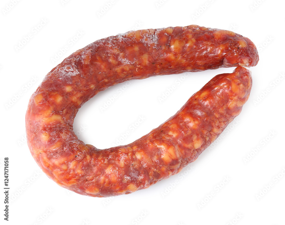 Delicious dry cured sausage isolated on white, top view