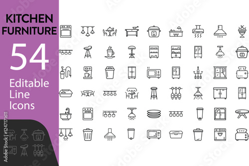 Set Of Kitchen Furniture Related Editable Icons Contains Such As Fruit Basket, Lights, Pot Holders And Rice Cooker Vector Illustration In Modern Thin Line Style On Isolated White Background