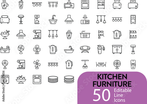 Set Of Kitchen Furniture Related Editable Icons Contains Such As Fruit Basket, Lights, Pot Holders And Rice Cooker Vector Illustration In Modern Thin Line Style On Isolated White Background