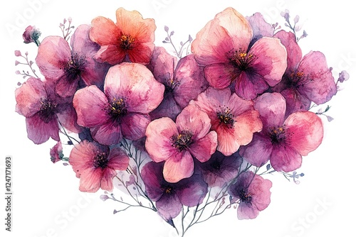 Floral Heart: A delicate watercolor painting featuring pink and purple flowers arranged in a heart shape perfect for expressing love photo