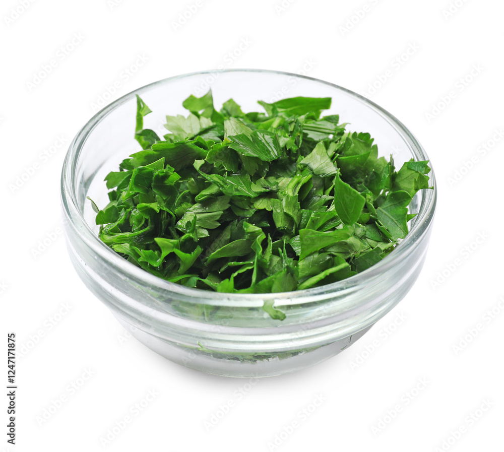 Chopped parsley in bowl isolated on white Chopped parsley in bowl isolated on white