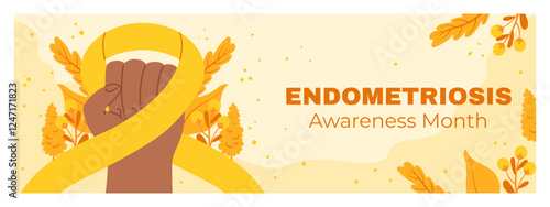 Endometriosis Awareness Month Horizontal Banner with Raised Fist, Yellow Ribbon, and Floral Background for March Health Advocacy