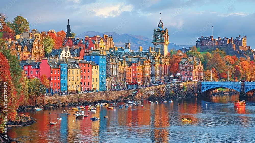 Fototapeta premium Scenic view of colorful buildings along a river with autumn foliage.