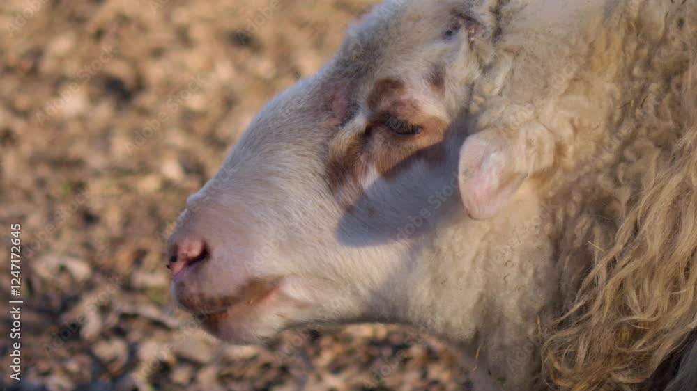 A beautiful closeup view of a sheeps face captured in its natural outdoor habitat environment A beautiful closeup view of a sheeps face captured in its natural outdoor habitat environment
