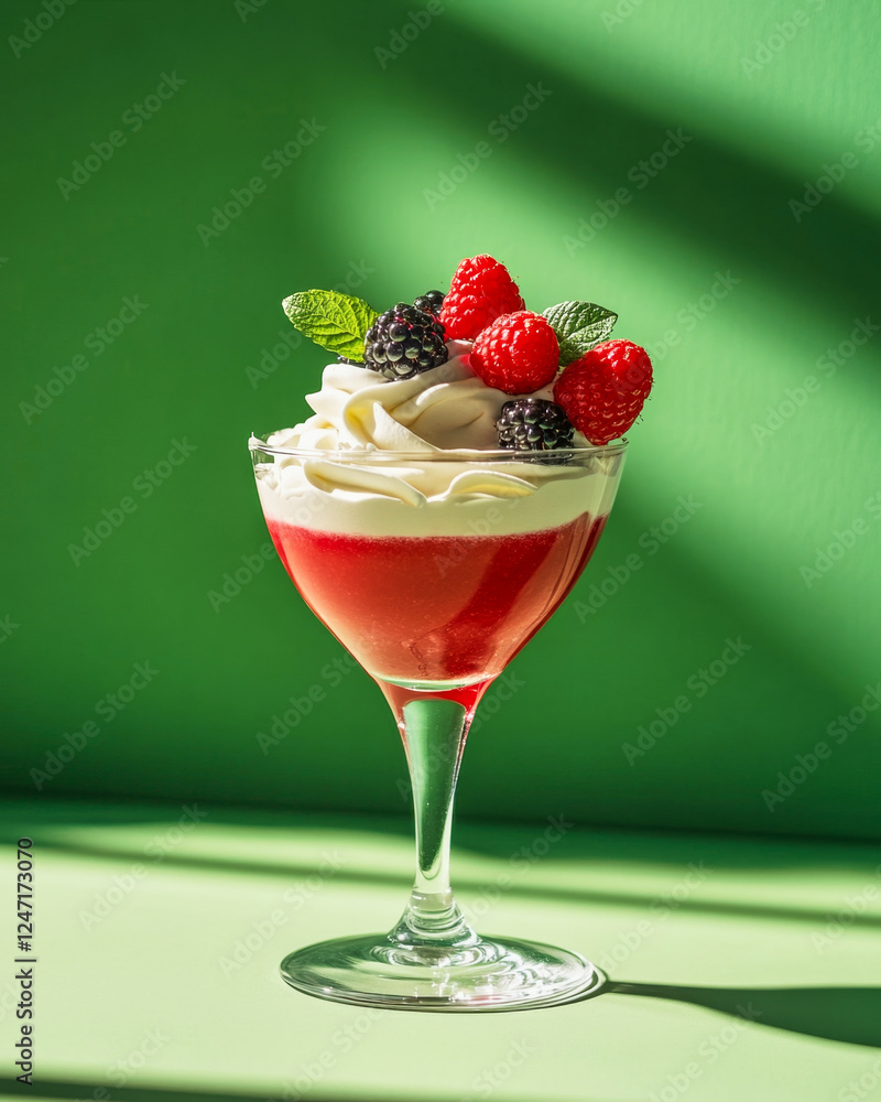Dessert cocktail featuring cream and fresh berries against a vibrant green background Dessert cocktail featuring cream and fresh berries against a vibrant green background