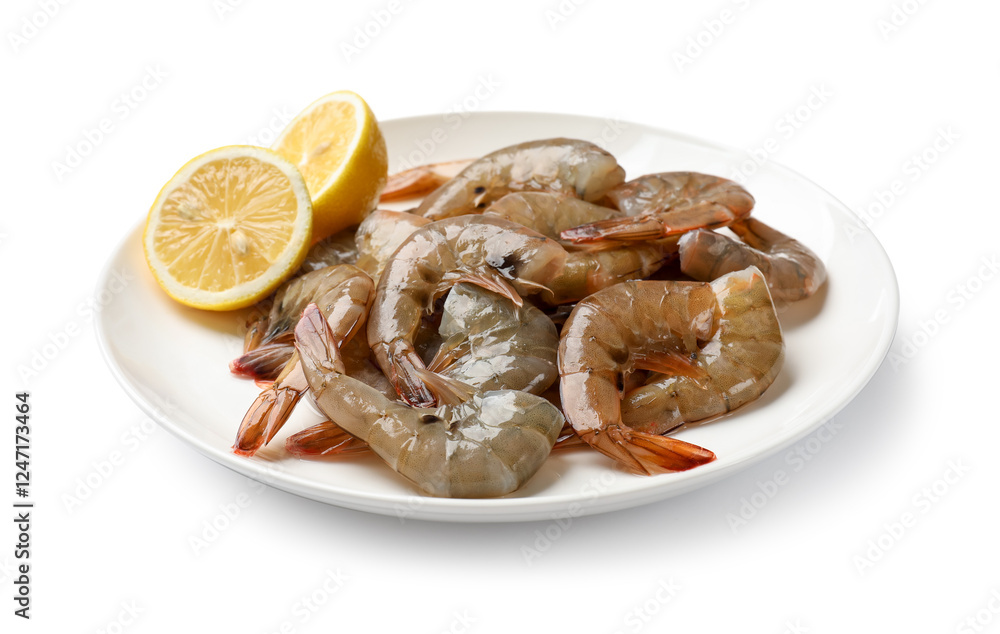 Fresh raw shrimps with lemon isolated on white Fresh raw shrimps with lemon isolated on white