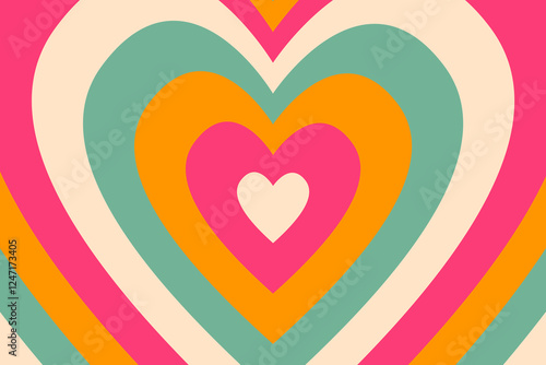 Retro heart tunnel background in vibrant pink, orange, green and beige colors. Vector illustration