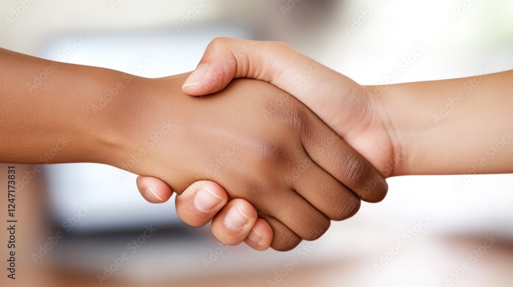 A close-up of two hands shaking during a successful business meeting, with blurred documents and laptops on the table in the background A close-up of two hands shaking during a successful business meeting, with blurred documents and laptops on the table in the background
