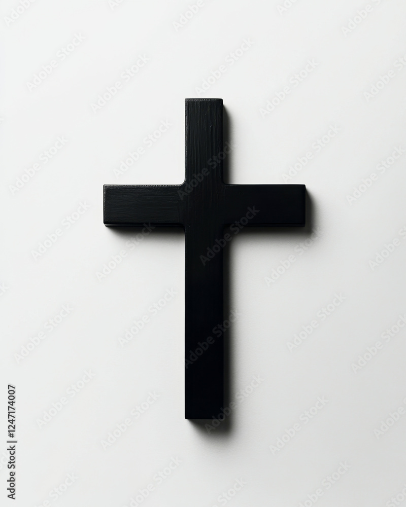 Black silhouette of a Christian cross on a white background highlighting modern minimalism Black silhouette of a Christian cross on a white background highlighting modern minimalism