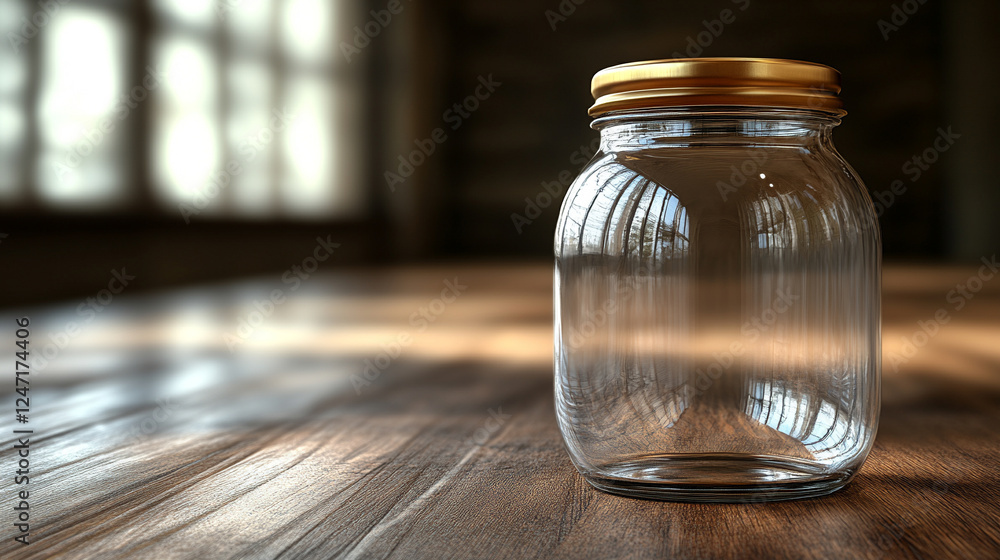 A clear glass jar with a golden lid, symbolizing purity and value, placed against an elegant, minimalist background. The simplicity of the scene conveys clarity and potential, with space for captionin A clear glass jar with a golden lid, symbolizing purity and value, placed against an elegant, minimalist background. The simplicity of the scene conveys clarity and potential, with space for captionin