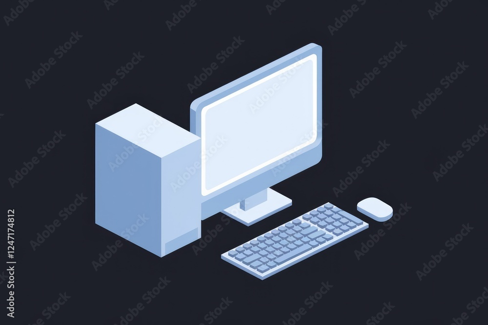 Fototapeta premium Isometric illustration of a desktop computer, including a monitor, CPU, keyboard, and mouse.