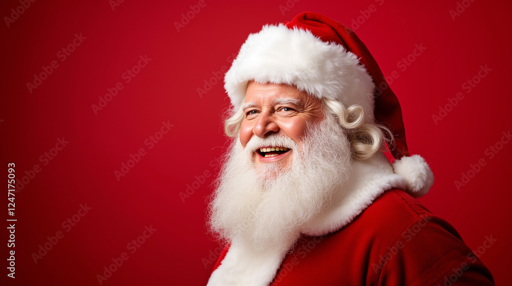 Joyful man in Santa costume with curly beard and warm smile poses against bright red backdrop during festive season Joyful man in Santa costume with curly beard and warm smile poses against bright red backdrop during festive season