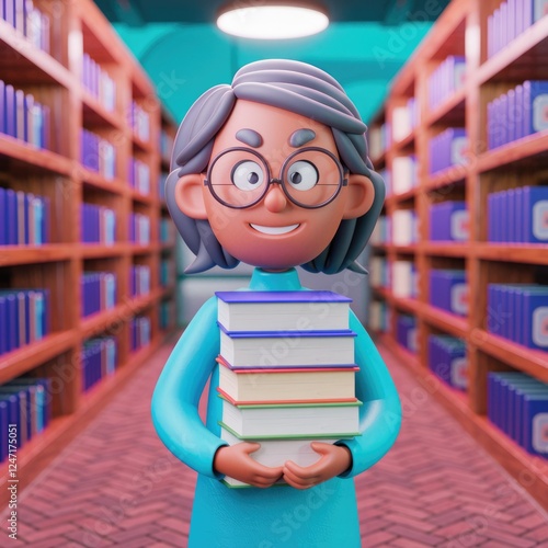 Wallpaper Mural A cheerful cartoon grandma, glasses on, holds a stack of books in a library. Torontodigital.ca