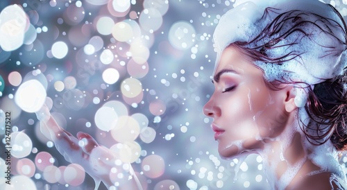 Beautiful happy woman washing hair on pink background. Space for text