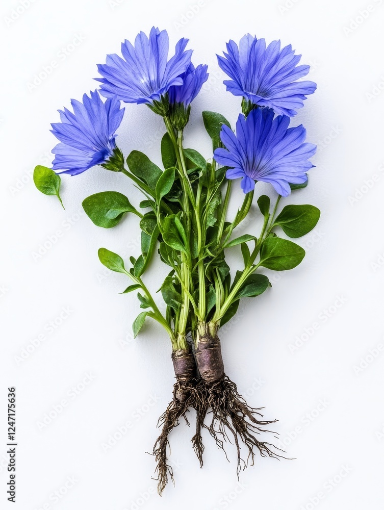 Naklejka premium Beautiful Blue Flowers with Roots and Leaves - A stunning arrangement of five blue flowers with green leaves and visible roots on a white background