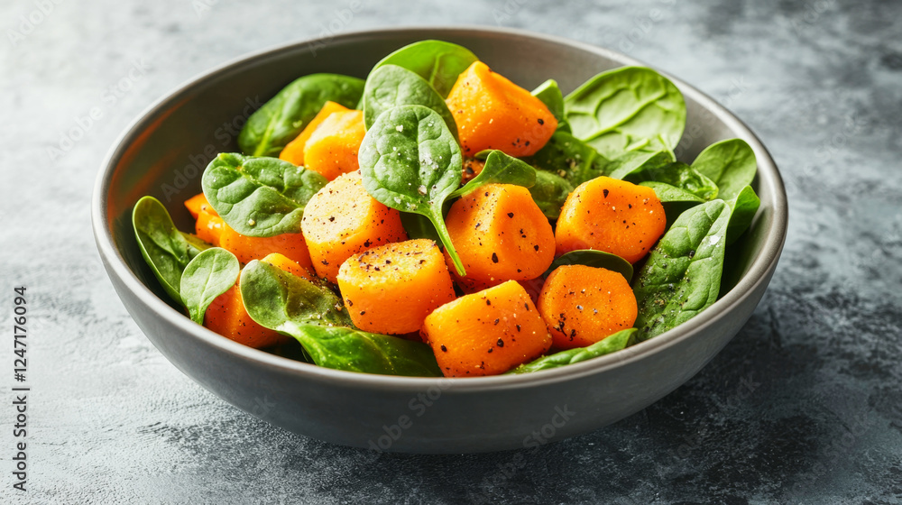Fresh carrots and spinach beautifully arranged in a grey bowl under sunlight Fresh carrots and spinach beautifully arranged in a grey bowl under sunlight