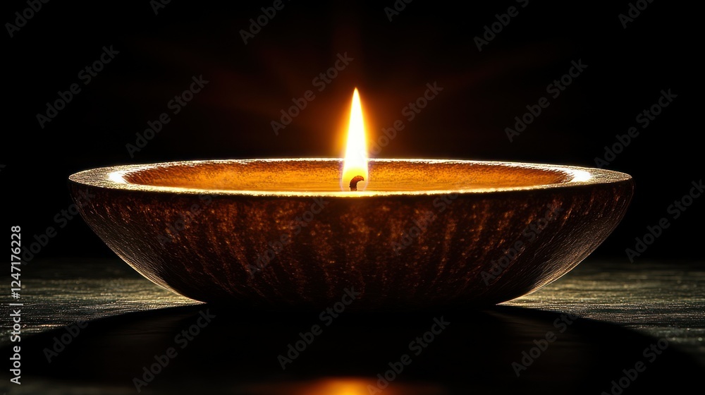 Burning candle in wooden bowl, dark background, peace, meditation Burning candle in wooden bowl, dark background, peace, meditation