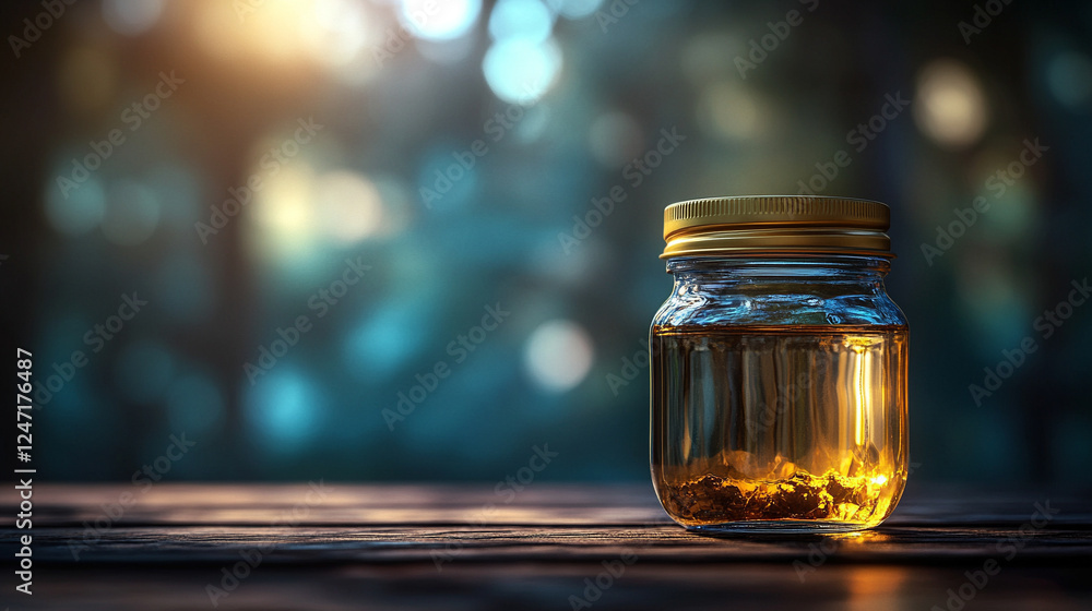 A clear glass jar with a golden lid, symbolizing purity and value, placed against an elegant, minimalist background. The simplicity of the scene conveys clarity and potential, with space for captionin A clear glass jar with a golden lid, symbolizing purity and value, placed against an elegant, minimalist background. The simplicity of the scene conveys clarity and potential, with space for captionin
