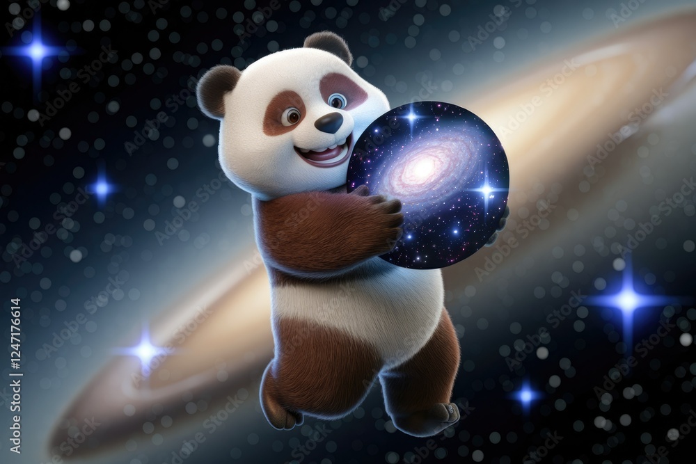Fototapeta premium Adorable panda gently cradles a miniature galaxy in the vast expanse of space.
