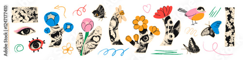 Flowers halftone art collage cut outs set. Paper clipping shapes, spring floral stickers, torn paper, butterflies, ladybug, doodles and scribbles. Modern retro grunge mixed media vector illustration