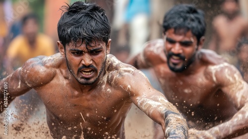 A traditional kabaddi match in India, with players skillfully dodging and tagging opponents while the audience cheers enthusiastically in a village setting photo