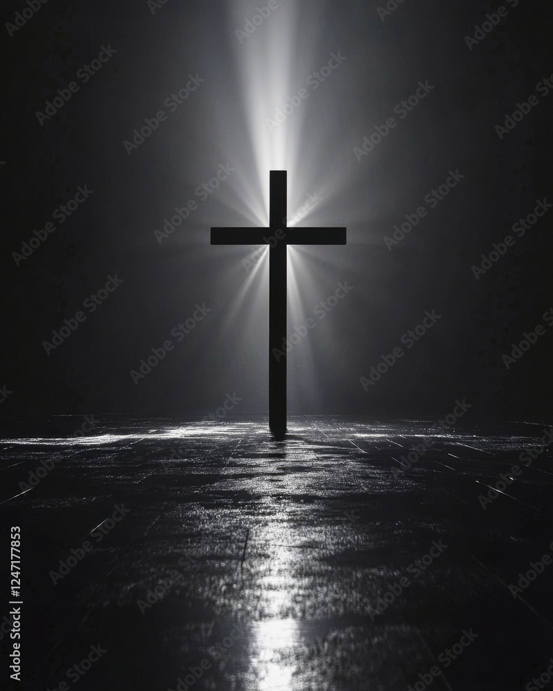 Naklejka premium Symbolic cross silhouette illuminating a dark void with powerful lighting