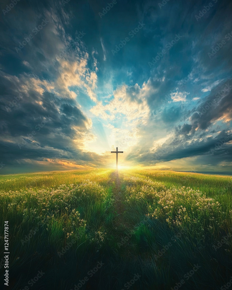 Obraz premium Cross illuminated by sunlight in a vast open field during a dramatic sunset