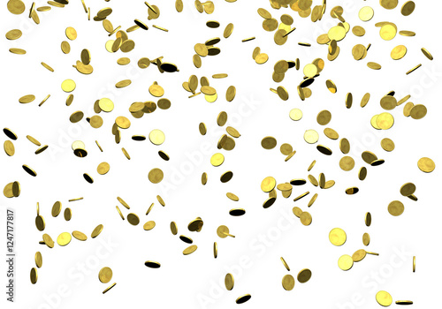 Falling gold coins over a transparent background. 3D render.
