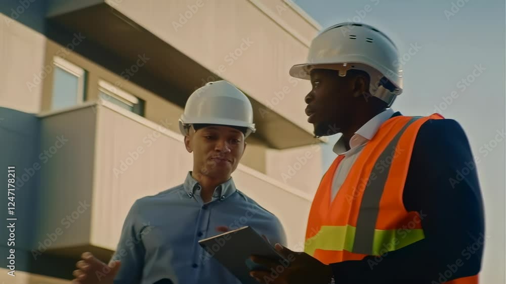 Construction site supervisor discussing project with architect using tablet Construction site supervisor discussing project with architect using tablet