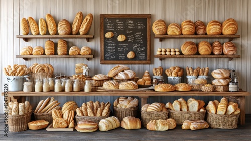 Rustic bakery shelf filled with fresh loaves, artisan bread display, cozy bakery shop