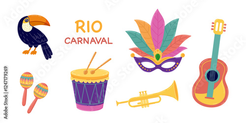 Carnival set of Mardi Gras elements. Masks with feathers, drum, toucan, maracas, guitar, trumpet, Rio lettering. Vector illustration in flat style, suitable for advertising, cards, decor and posters.