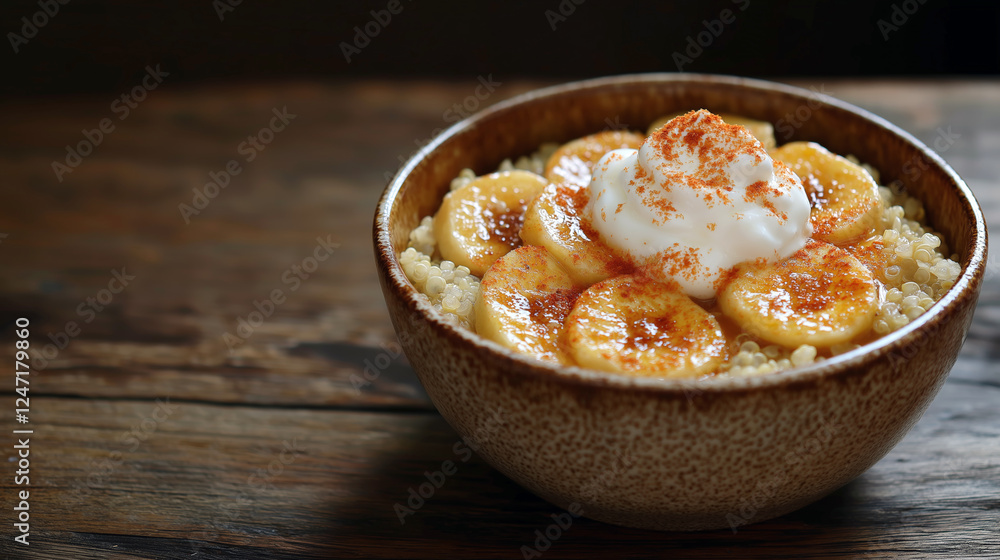 Delicious quinoa breakfast bowl with bananas yogurt and cinnamon for a healthy morning meal. Delicious quinoa breakfast bowl with bananas yogurt and cinnamon for a healthy morning meal.