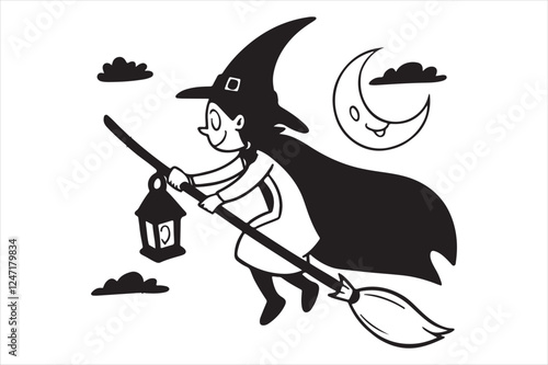 Witch riding broom silhouette black and white background